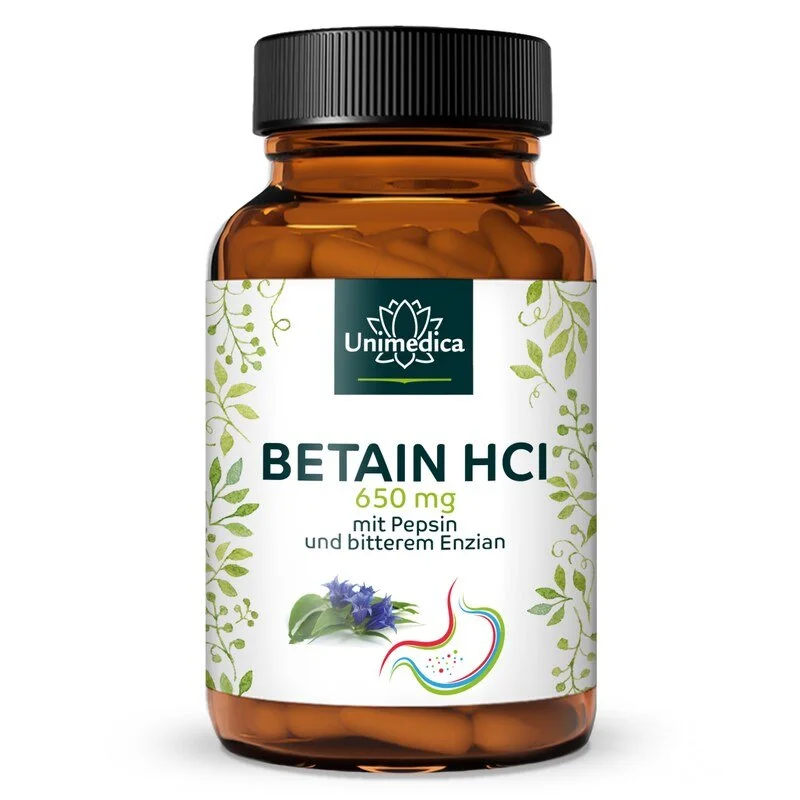 Betain HCl - 650 mg pro Tagesdosis (1 Kapsel) - mit Pepsin und bitterem Enzian - 120 Kapseln